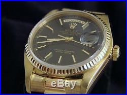 Men Rolex Day-Date President 18k Yellow Gold Watch Black Dial Fluted Bezel 18038