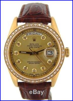 Mens Rolex Day-Date President 18K Yellow Gold Watch Diamond Dial 1ct Bezel 18038