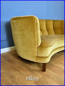 Mid Century Art Deco Vintage Danish Yellow Velour 2 Seat Banana Sofa Settee 30s