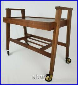 Mid-Century Danish Walnut Wood Bar Cart 2 Tier Rolling Stereo TV Stand Vintage