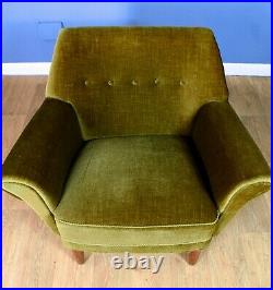 Mid Century Retro Vintage Danish Green Velour Lounge Arm Chair 1950s 60s
