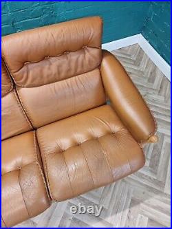 Mid Century Retro Vintage Swedish Tan Leather & Beech 3 Seat Sofa Settee 1970s