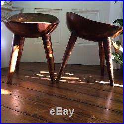 Mid-century Pair Of Solid Wooden Chairs Stools Vintage Antique
