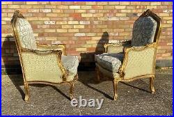 Pair Of Vintage French Carved Gilt Wood Louis XVI Style Chairs / Armchairs 1960s