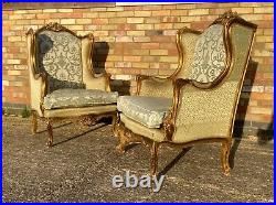 Pair Of Vintage French Gilt Woo Louis XVI Style Wing Chairs / Armchairs 1960s