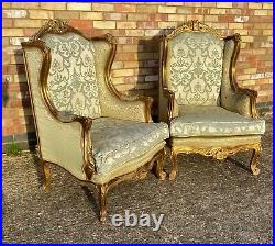 Pair Of Vintage French Gilt Woo Louis XVI Style Wing Chairs / Armchairs 1960s