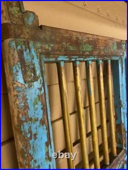 Pair Original Antique Vintage Indian Doors Blue Wood & Gilt Metal Grills