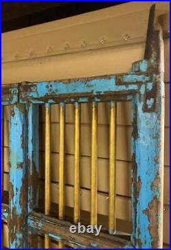 Pair Original Antique Vintage Indian Doors Blue Wood & Gilt Metal Grills