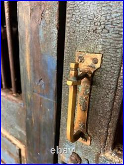 Pair of Original Antique Vintage Rustic Indian Doors Blue Wood & Metal Grills