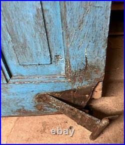 Pair of Original Antique Vintage Rustic Indian Doors Blue Wood & Metal Grills