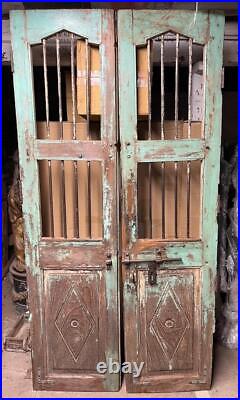 Pair of Original Antique Vintage Rustic Indian Doors Green Wood & Metal Grills