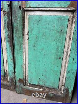 Pair of Original Antique Vintage Rustic Indian Doors Green Wood & Metal Grills