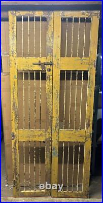 Pair of Original Antique Vintage Rustic Indian Doors Yellow Wood & Metal Grills