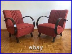 RED RETRO VINTAGE PAIR OF CZECH MID CENTURY HALABALA ARM CHAIRS -refreshed Wood