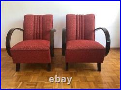 RED RETRO VINTAGE PAIR OF CZECH MID CENTURY HALABALA ARM CHAIRS -refreshed Wood