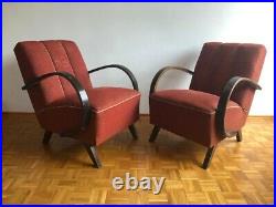 Red Retro Vintage Pair Of Czech MID Century Halabala Arm Chairs