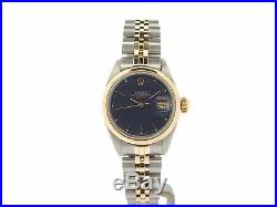 Rolex Date Ladies 2Tone Stainless Steel Yellow Gold Watch Blue Dial Domed Bezel
