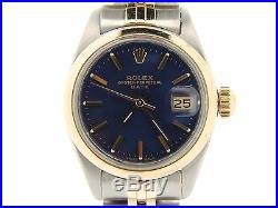 Rolex Date Ladies 2Tone Stainless Steel Yellow Gold Watch Blue Dial Domed Bezel