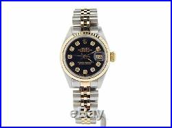 Rolex Datejust Ladies 2Tone 14K Yellow Gold Steel Watch Black Diamond Dial 6917