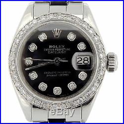 Rolex Datejust Lady Stainless Steel Watch Oyster Black Diamond Dial. 70ct Bezel