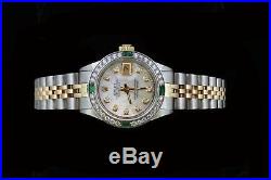 Rolex Lady Datejust Oyster Stainless Gold Diamond Dial Bezel Emerald Watch