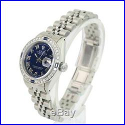 Rolex Womens Datejust Steel Blue Roman Dial Diamond Bezel 26mm Jubilee Band