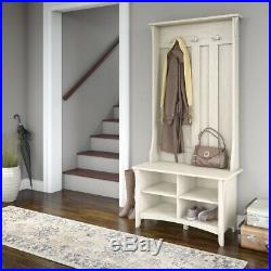 Rustic White Wooden Hall Tree Coat Rack Hat Hooks Storage Stand Entryway Bench