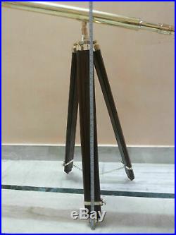 Silver Brass Telescope With Wood Tripod Stand Vintage Nautical Decorative Gift