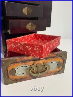 Stunning Antique Vintage Chinese Oriental Wood Jewellery Box Brass & Jade Design