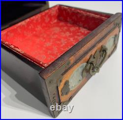Stunning Antique Vintage Chinese Oriental Wood Jewellery Box Brass & Jade Design