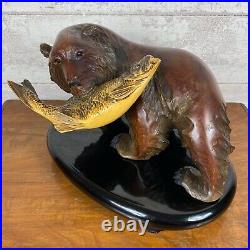 Stunning Vintage Hand Carved Solid Wood Bear & Fish Decorative Ornament Piece