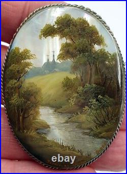 Stunning vintage/Antique hand painted brooch river & woods scene Fab detail