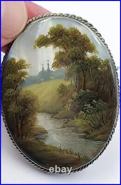 Stunning vintage/Antique hand painted brooch river & woods scene Fab detail