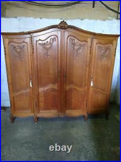 Superb vintage French Louis carved oak wardrobe with shelves, flat pack armoire