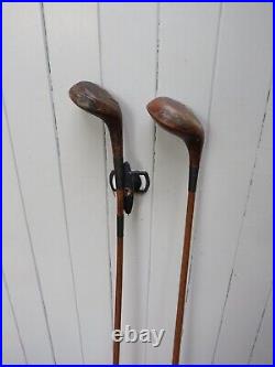 Two Antique Vintage Old Retro Hickory Wood Shafted Golf Golfing Drivers Clubs