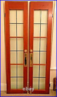 Two Vintage Solid Wood Glass Double Doors Brass X 2 Windows Lead Leaded Antique
