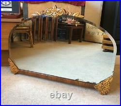VINTAGE/ANTIQUE WALL MIRROR-CARVED WOOD TOP CENTRE & CORNERS-CHAIN-H48cmxW66.5cm