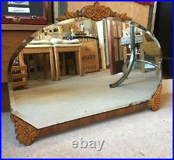 VINTAGE/ANTIQUE WALL MIRROR-CARVED WOOD TOP CENTRE & CORNERS-CHAIN-H48cmxW66.5cm