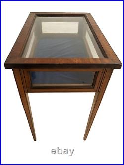 VINTAGE GLASS DISPLAY CABINET Antique Table Teak Bijouterie Inlaid Velvet Cloth