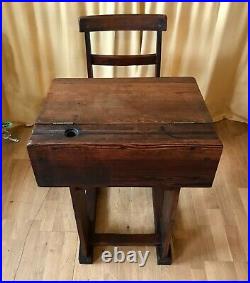 Victorian Vintage Antique Solid Wood School Church Desk Table and Integral Chair
