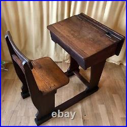 Victorian Vintage Antique Solid Wood School Church Desk Table and Integral Chair