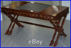Vintage 1960's Rosewood & Brass Inlaid Trestle Campaign Desk & Chair Office Set