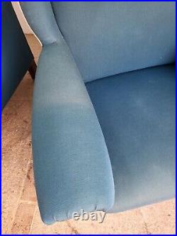 Vintage 20thC Two Pair Wing Back Armchairs Blue Fabric Sprung Padded Square Legs
