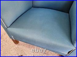 Vintage 20thC Two Pair Wing Back Armchairs Blue Fabric Sprung Padded Square Legs
