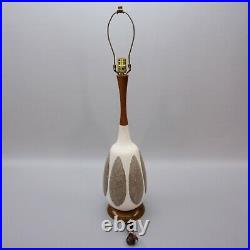 Vintage 35 Danish Modern Light White Textured Ceramic Teak Wood Table MCM Lamp