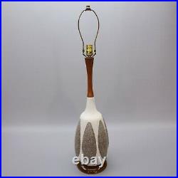 Vintage 35 Danish Modern Light White Textured Ceramic Teak Wood Table MCM Lamp