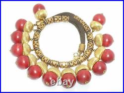 Vintage Acorn Collar Necklace Cadoro Red Wooden Beads 1960s Gold Tone Statement