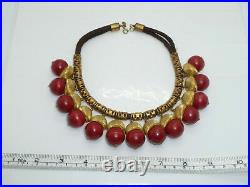 Vintage Acorn Collar Necklace Cadoro Red Wooden Beads 1960s Gold Tone Statement