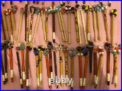 Vintage Antique 100+ Hardwood Wood Lace Making Bobbins Glass Beads Spangles Vgc