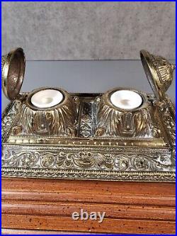 Vintage Antique Brass Ornate Double Inkwell Wood Base, Bone China Inserts